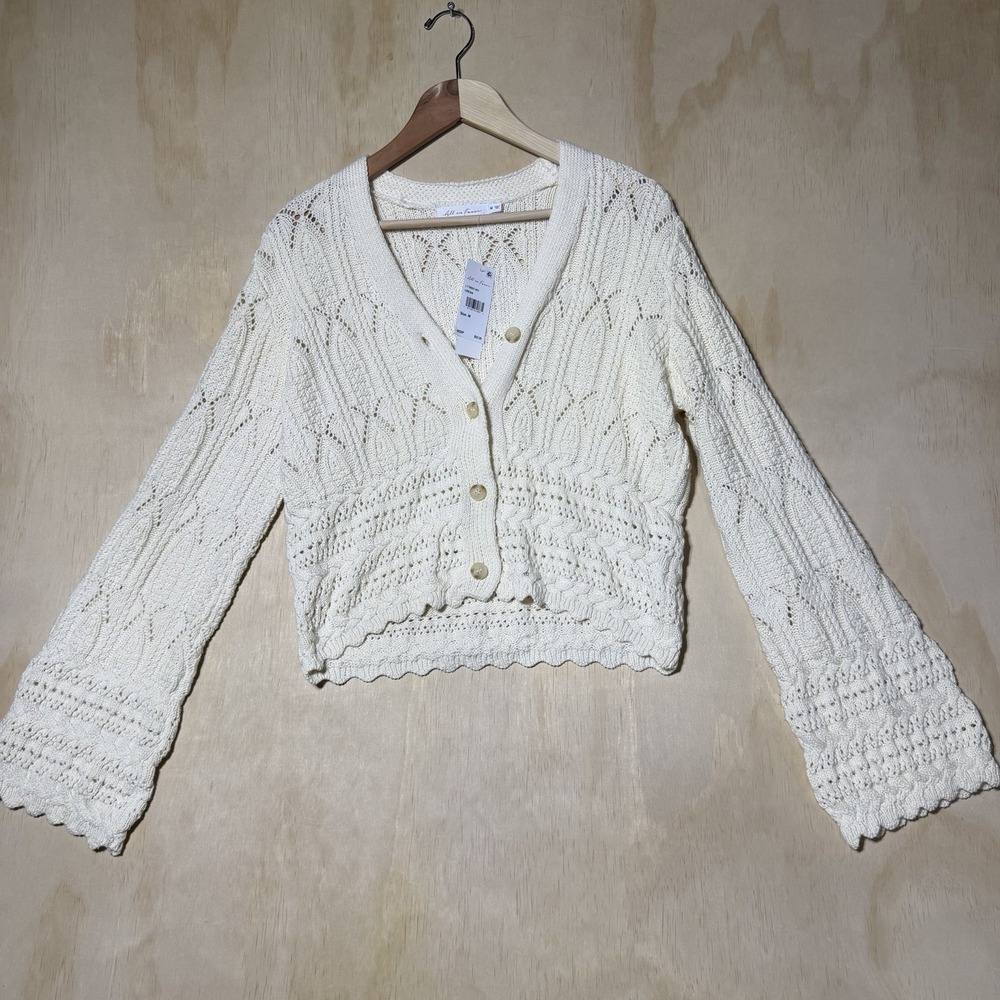 All in Favor Women's M Cream Crochet Knit Cropped Cardigan Bell Sleeve NWT